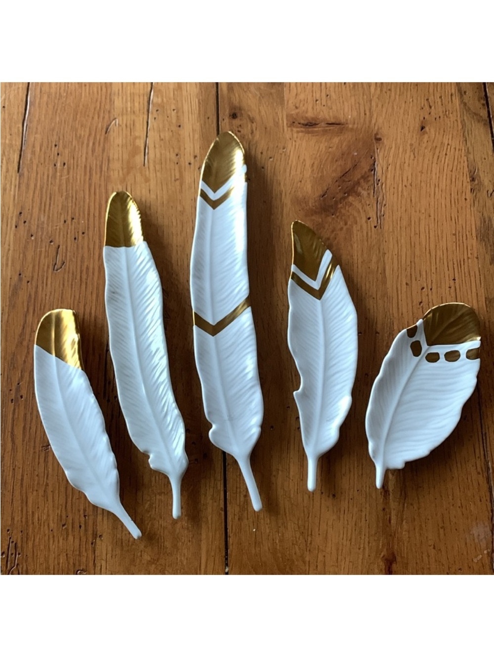 Ceramic Bird Feathers White and Gold Tipped Wall Hanging Ornaments Set of 5